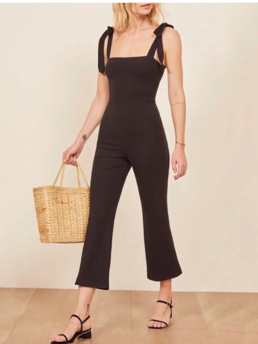 Reformation wesley Black Tie-Shoulder Ribbed Jumpsuit xs